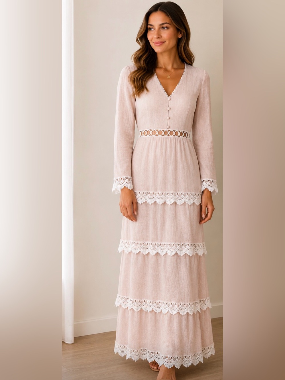 Endless Rose Blush Lace Tiered Maxi Dress Size Small NWT
